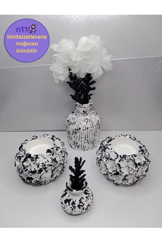 Siyah Beyaz Dekoratif Obje Mumluk Vazo Takımı Çiçekler Dahil Siyah Beyaz