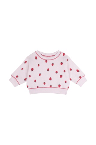 Antebies Organik, Pembe Çilek Desenli, Jakarlı Manşetli Kız Bebek Sweatshirt Tayt Takımı