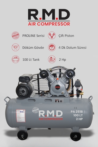 R.m.d Kompresör PA251B 100 Lt 2 Kafa 8 Bar 2 Hp Pistonlu Hava Kompresörü