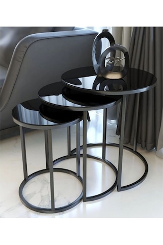 Tubi Yuvarlak Camlı Üçlü Zigon Sehpa Siyah