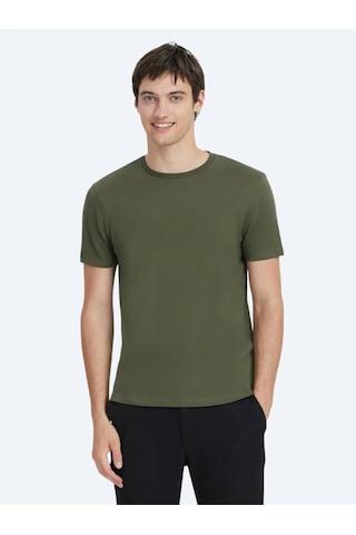 Kip Haki Düz Bisiklet Yaka %100 Pamuk T-shirt Haki