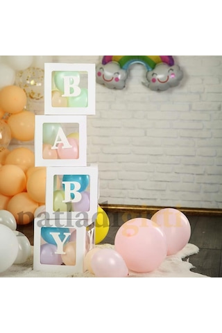Şeffaf E Harfli Beyaz Kutu ve Balon Seti Kendin Yap Bebek Çocuk Doğum Günü Süsleme