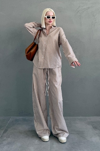 Madmext Camel Çizgili Gömlek Pantolon Kadın Takım Mg2457 Camel