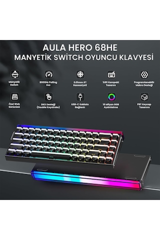 Aula Hero 68 He Manyetik Klavye Rapid Trigger Jade King Switch 8000hz Rgb Neon Tkl Hot Swap Oyuncu Klavyesi Siyah