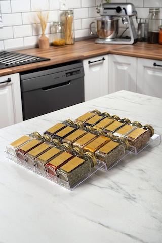 18'li Şeffaf Pleksi Standlı Cam Baharatlık Seti Gold Kapaklı Etiketli Baharatlık Takımı Mh02gld18 Gold - Şeffaf