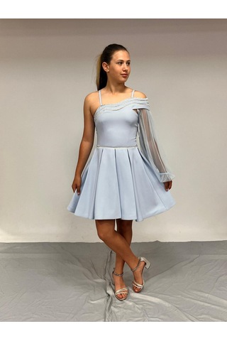 Kız Çocuk Abiye Kısa Krep Bebe Mavi Yaka Şerit Taşlı Tek Kol Çıkabilen Tül Erkut Abiye Elbise 10-15 Yaş İndigo