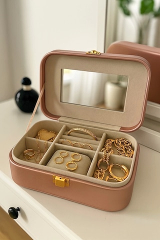 Deri Seyahat Takı Bijuteri Mücevher Kutusu Organizer Düzenleyici 20cm Pembe İthal Ürün