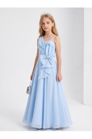 Zekids Kız Çocuk Asimetrik Drape Detaylı Fiyonklu Uzun Abiye Elbise-17327 Mavi