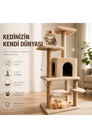 Çok Katlı Kedi Tırmalama Evi, 115 Cm Yüksek Geniş Salıncaklı Komple Kumaş Kaplı 1 Büyük Yuvalı 2 Oturaklı K