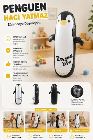 120 Cm Şişme Boks Hacıyatmaz Penguen Oyuncak Büyük Boy Denge Oyuncağı Wj013