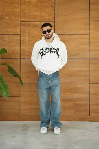 Vexor Erkek Kapüşonlu 3 İplik Şardonlu Önü Baskılı Fermuarlı Oversize Sweatshirt - Beyaz 4118168