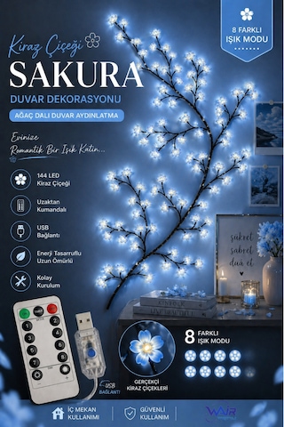 Kiraz Çiçeği Sakura Led Duvar Dekoru 144 Led Ağaç Dalı Işık, 8 Mod, Kumandalı Mavi