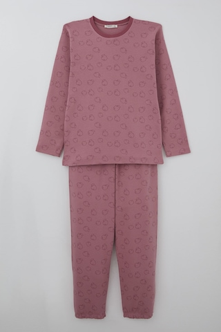 Breeze Kız Çocuk Pijama Takımı Elma Desenli Beli Paçası Lastikli 9-12 Yaş, Gülkurusu