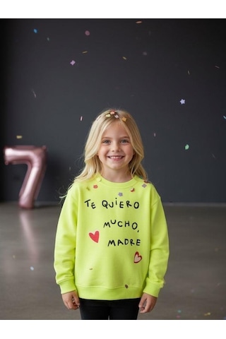 Kız Çocuk Yazılı Neon Renk İnce Sweatshirt-16593 Yeşil