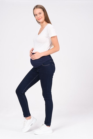Busa Hamile Esnek Karın Bantlı Skinny Termal Kot Pantolon Mavi-mavi