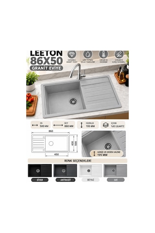 Granit Evye Leeton Series Beyaz Renk En :500mm Boy :860 Mm Derinlik :195 Mm
