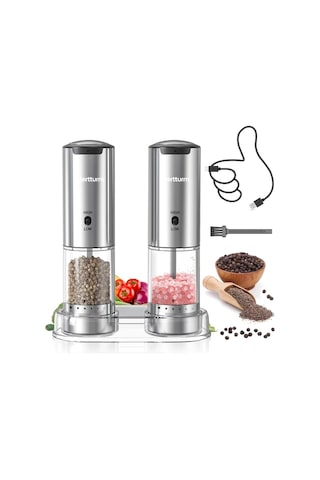 Motion003 Hk008r 2 Tekli Veya Çift Paket Gümüş Kaplamalı Paslanmaz Çelik Şarj Edilebilir Elektrikli Biber Değirmeni İnceltme Ayarı Değişken Hız Öğütme Saklama Tabanı Beyaz Led Işık Ahşap