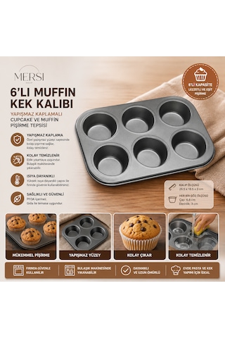 6'lı Muffin Kek Kalıbı Yapışmaz Kaplamalı Cupcake Ve Muffin Pişirme Tepsisi Granit Siyah