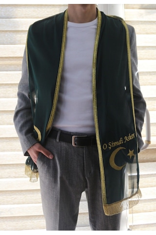 Yeşil Şifon Nakış İşlemeli Kına - Damat - Asker Omuz Şalı Atkısı Örtüsü Gold Ayyıldız Nakış İşleme