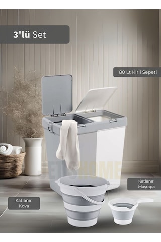 3'lü Banyo Seti Çamaşır Sepeti Katlanır Kova Katlanır Maşrapa Bpa Free Beyaz - Gri