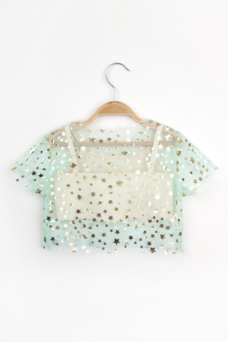 Le Mabelle Mint Yıldız Baskılı Kısa Kollu Kız Çocuk Tül Crop Mint