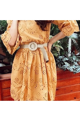 Fashion Moon Jüt Hasır Sarmalı Daire Şeklinde Tokalı Hasır Model 2 Kadın Kemeri Açık Bej