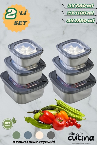 6'lı Mikrodalga Ve Difriz Kullanımına Uygun Vakumlu Sızdırmaz Saklama Kabı Seti 2x 600-1100-1800 Ml Antrasit