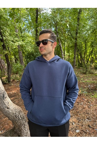 Erkek 3 İplik Basic Oversize Kanguru Cepli Kapüşonlu Sweatshirt Lacivert