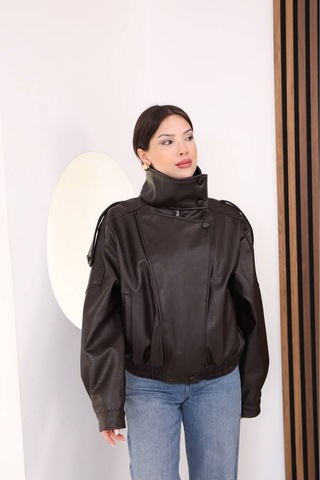 Moda Banuş Kaplama Düğme Detay Petekli Deri Ceket-oversıze Kahverengi