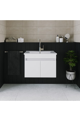 Banos Ld3 Ayaksız 2 Kapaklı Lavabolu Beyaz 65 Cm Banyo Dolabı Beyaz