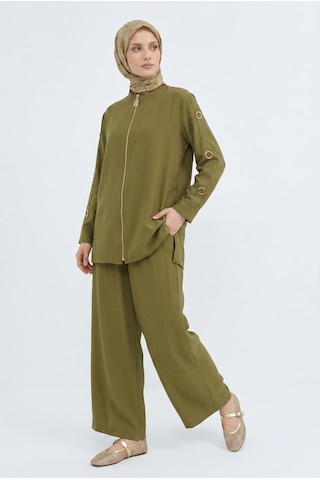 Armine Trend Kolları Halka Detaylı Boydan Fermuarlı Pantolonlu İkili Takım Yağ Yeşili 26yt672