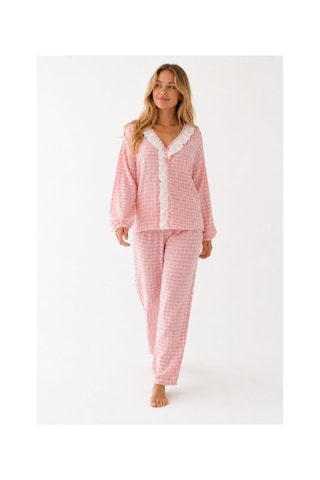 Bella Notte Pembe Beyaz Pötikare Fisto Fırfır Detaylı Uzun Kollu Pijama Takımı Pembe
