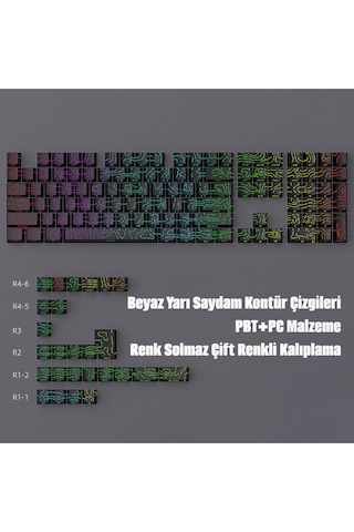 Contourline Keycaps 130 Adet Klavye Tuşu Tam Set Çatlak Işıklı Tuş Takımı