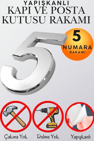 Krom Yapışkanlı Kapı Numarası 5 5 Cm / 50 Mm Küçük Boy Rakam Sayı - Daire, Posta Kutusu, Otel Oda No, Asansör, Kat Planı, Araç Model Ve Apartman İçi Dekoru İçin Kendinden Yapışkanlı Krom Numaratör 5 5
