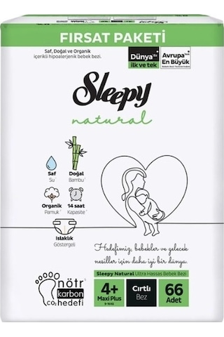 Sleepy Bebek Bezi Naturel Beden 4+ 9-16kg Maxi Plus 198 Adet 3'lü