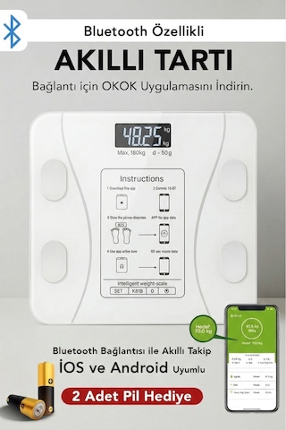 Dijital Bluetooth Baskül - Yağ Su Kas Vücut Kitle Endeksi Kilo Ölçer Tartı Vücut Analiz Cihazı Beyaz