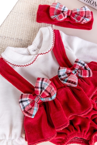 Fiyonklu Bandanalı Kadife Kız Bebek Tulum Salopet Bebek Elbise Kırmızı