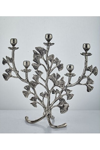 Gıngko Leaf 5 Lıghts Candle Holder Nıckel Antıque 45,8x15,5x42 Cm Gümüş