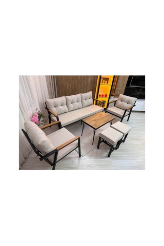 Houseart Balkon, Bahçe - Metal Kanepe Koltuk Takımı 3+1+1 + 2 Adet Puf + Sehpa Krem