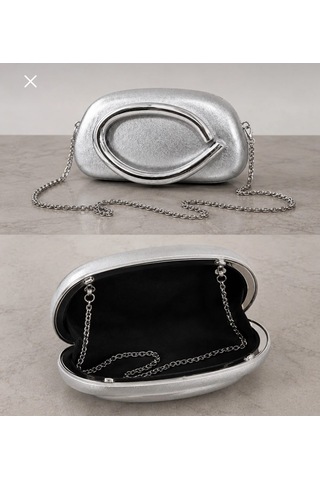 Aylesh Valenne Kadın Gümüş Abiye Çanta Metal Saplı Clutch Omuz Ve El Çantası Gümüş Detaylı