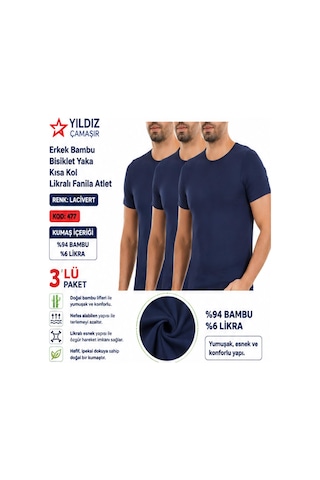 Yıldız Çamaşır Erkek Bambu Bisiklet Yaka Kısa Kol Likralı Fanila Atlet 475-476-477 - 3 Adet Lacivert