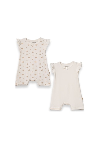 Babycosy Organic Wear %100 Organik Pamuk,2 Li Kız Bebek Tulum,fırfırlı Kısa Kol,yazlık Tulum Set,0-24 Ay,bebek Serisi Ekru