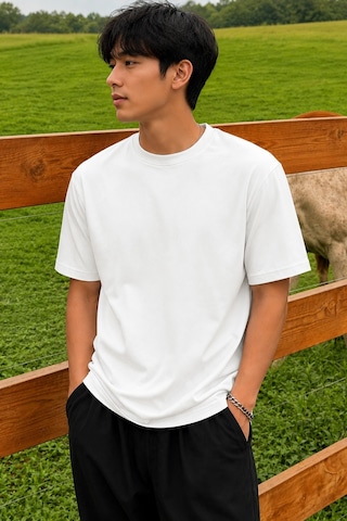 Tarz Cool Erkek Regular Fit Bisiklet Yaka Basic Tişört 2 İplik Şardonsuz %100 Pamuk Günlük Rahat T-shirt Beyaz