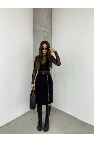 Shevega Kadın Siyah Ön Fermuar Detayli Kot Etek Siyah