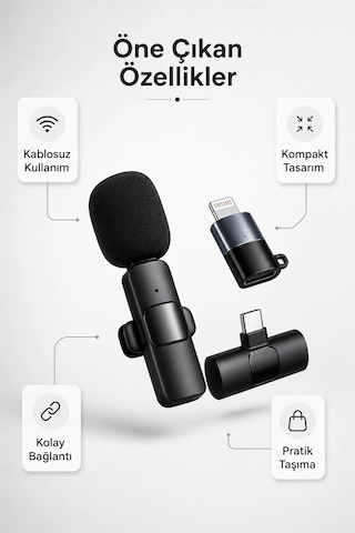 Kablosuz Yaka Mikrofonu Type-c Ve Lightning Uyumlu Şarjlı Klipsli Ses Kayıt Mikrofonu