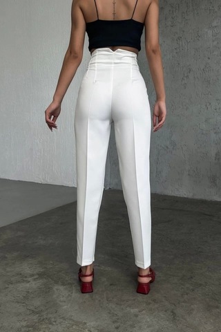 Defymoda Yüksek Bel Pensli Pantolon Beyaz