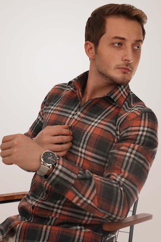 Kiremit Çizgili Slimfit Oduncu Erkek Gömlek Kiremit