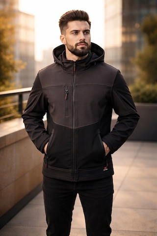 Vatan Tekstil Erkek Softshell Kışlık Kapüşonlu Mont Rüzgar Geçirmez Su İtici İçi Polarlı Kırmızı Siyah Siyah Füme