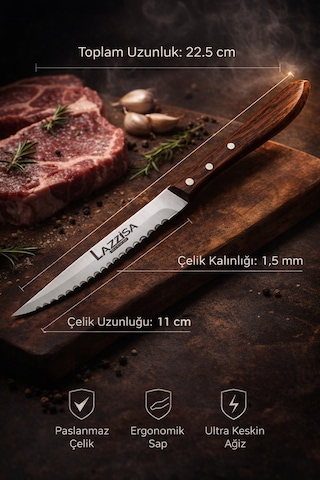 Lazbisa Mtf-058 Hand Craft Serisi Setak Et Bıçağı 6 Lı Mutfak Bıçak Restoran Et Steak Bıçak Ahşap