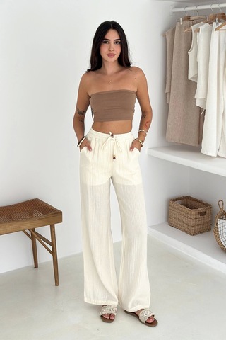 Beli Lastikli Geniş Paça Pantolon Ekru Ekru